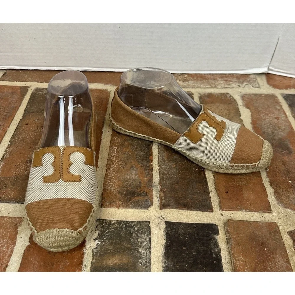 Tory Burch Espadrille Flats‎ Tan & Cream Canvas Slip-On Shoes Size 8 M